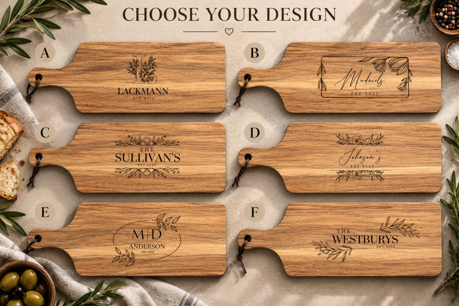 Six personalised acacia paddle boards showing different engraved name designs, labelled A to F