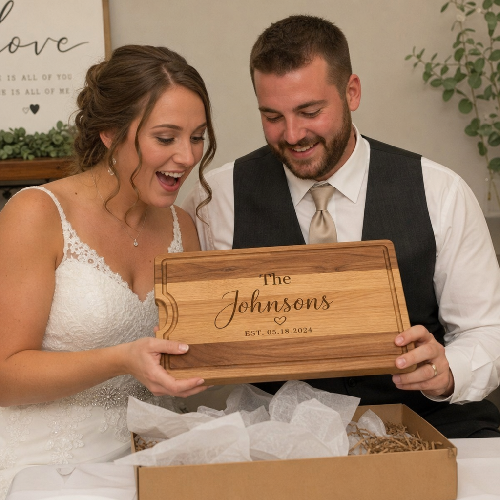 Bride and groom unboxing a personalised chopping board engraved with The Johnsons and their wedding date