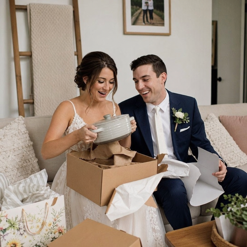 Bride and groom smiling as they unwrap a ceramic casserole dish from a gift box at home