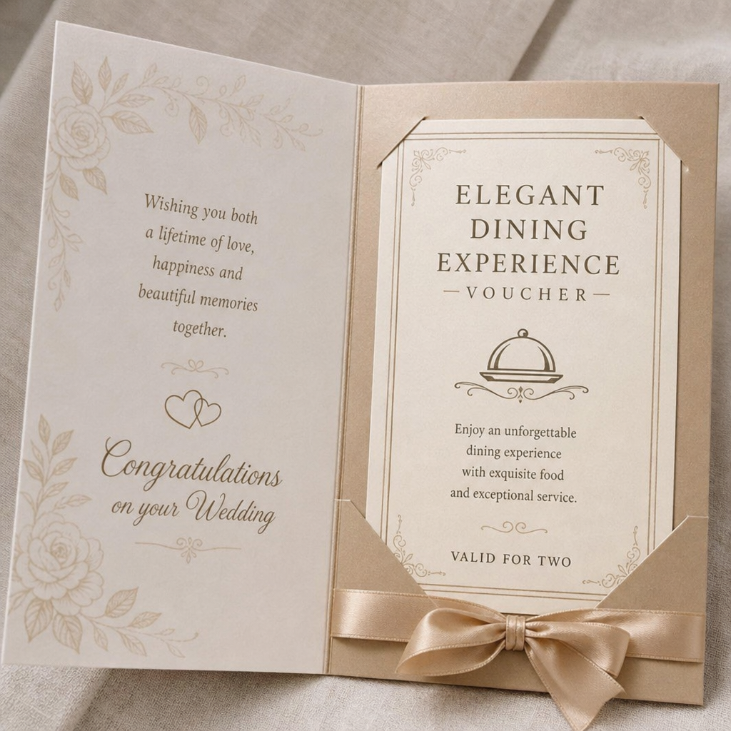 Wedding card reading Congratulations on your Wedding, holding a dining experience voucher tied with a ribbon
