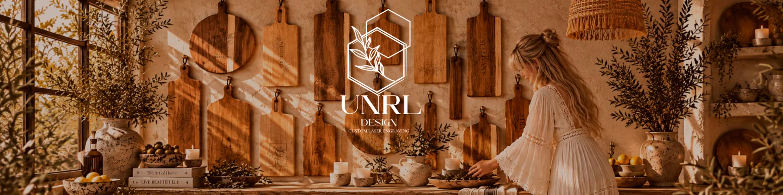 UNRL Design custom laser engraving: personalised wooden chopping boards hanging on a wall
